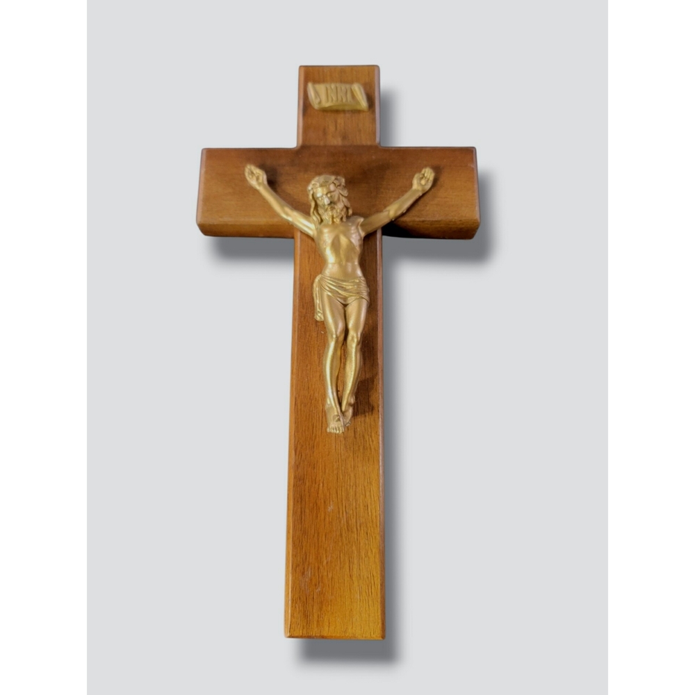 Vintage Solid Wooden Crucifix with Gold-Tone Jesus Figure